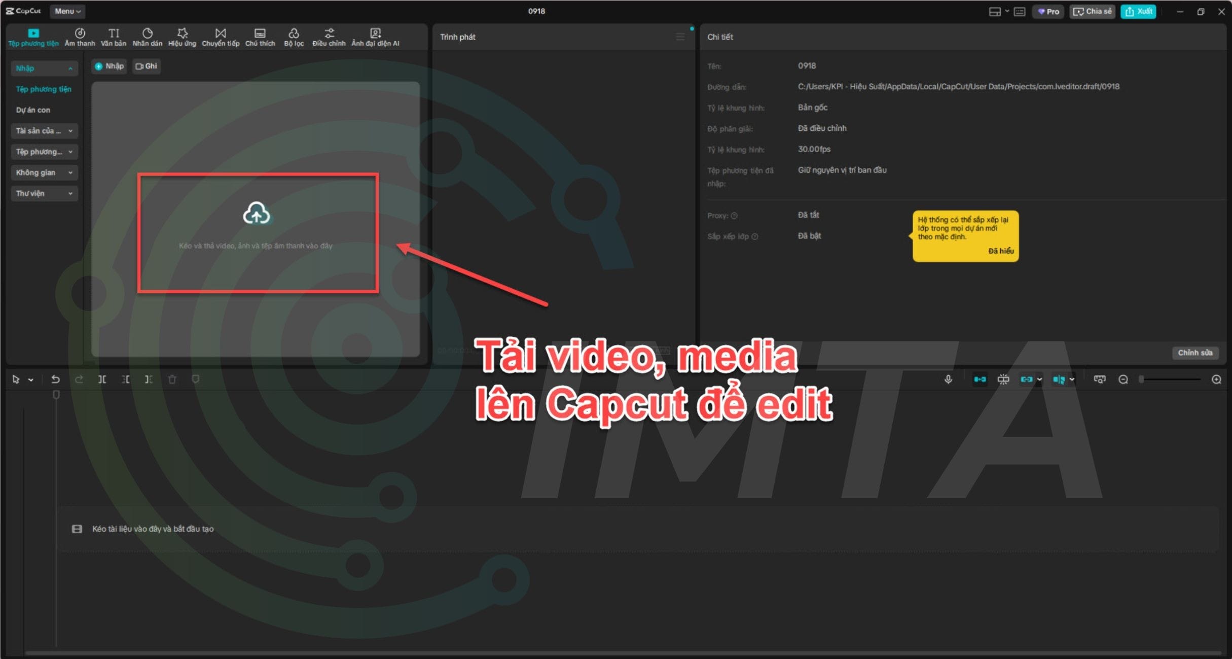 Tải source media lên Capcut để edit