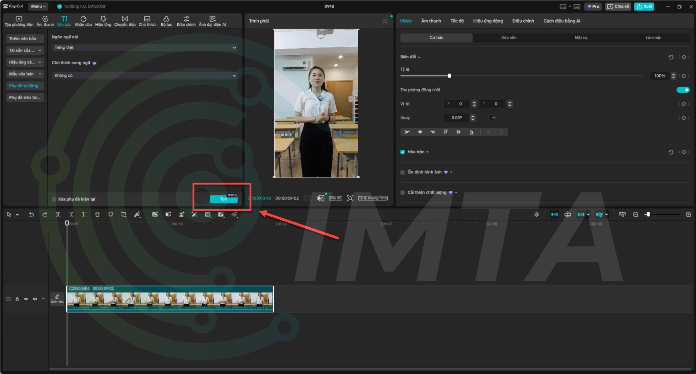 Sau khi cài đặt xong, bạn chọn "Tạo" để tạo phụ đề tự động