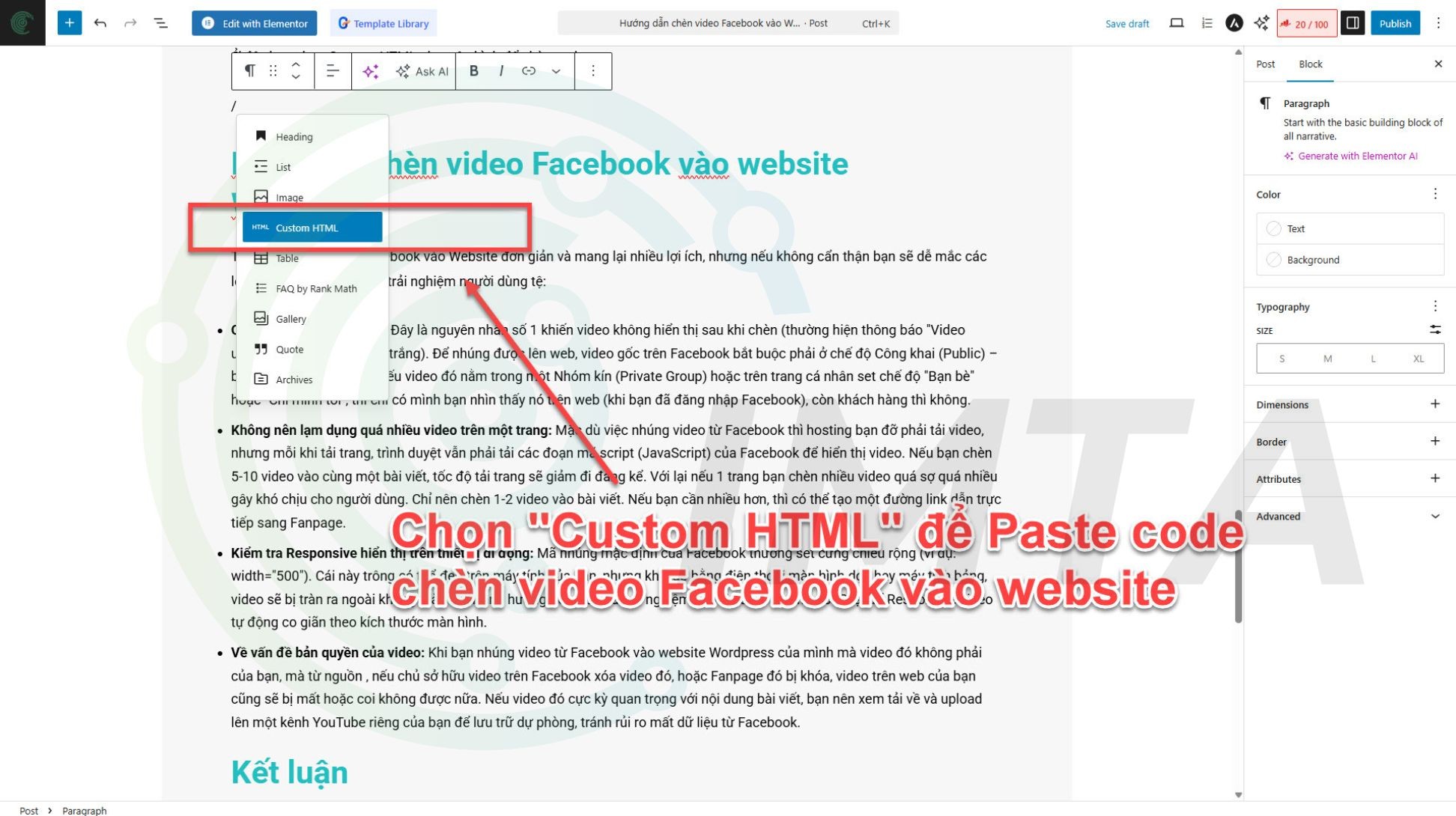 Chọn "Custom HTML" để Paste code chèn video Facebook vào website