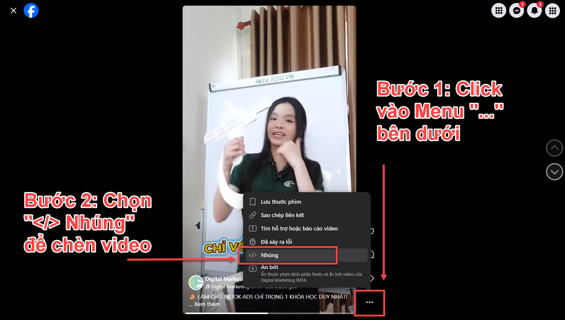 Bạn chọn lick vào Menu "..." bên dưới và chọn "Nhúng"
