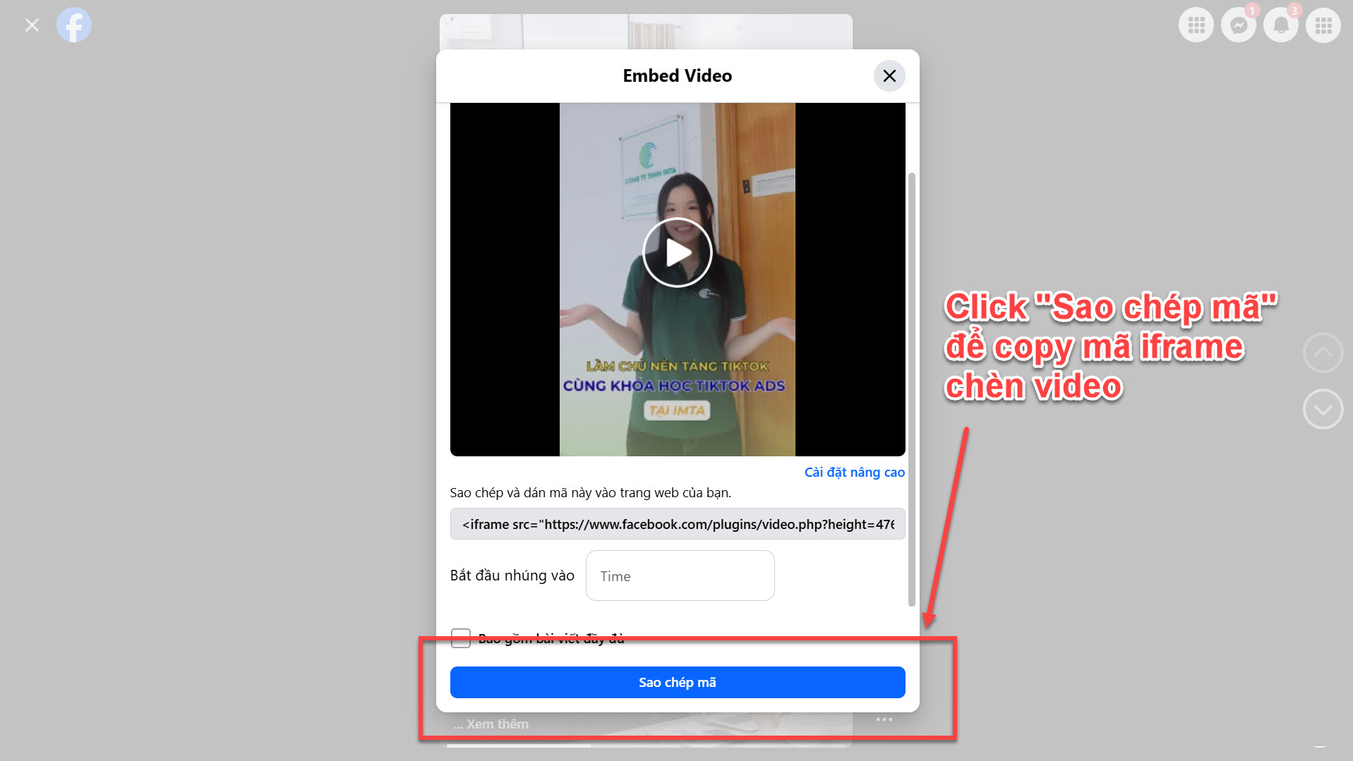 Click "Sao chép mã" để copy mã iframe chèn video
