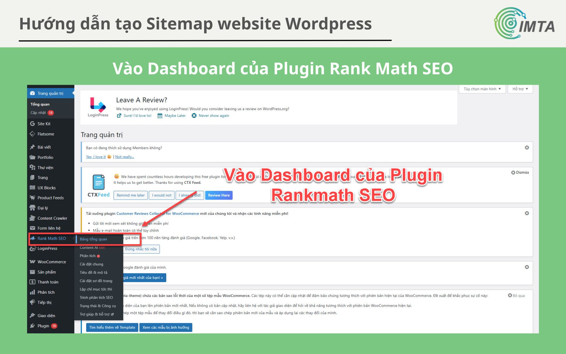 Chọn "Bảng tổng quan" (Dasboard) của Rank Math SEO