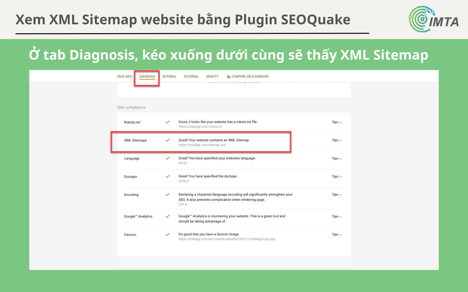 Ở tab "DIAGNOSIS" của SEOQuake,  kéo xuống dưới sẽ thấy mục Sitemap