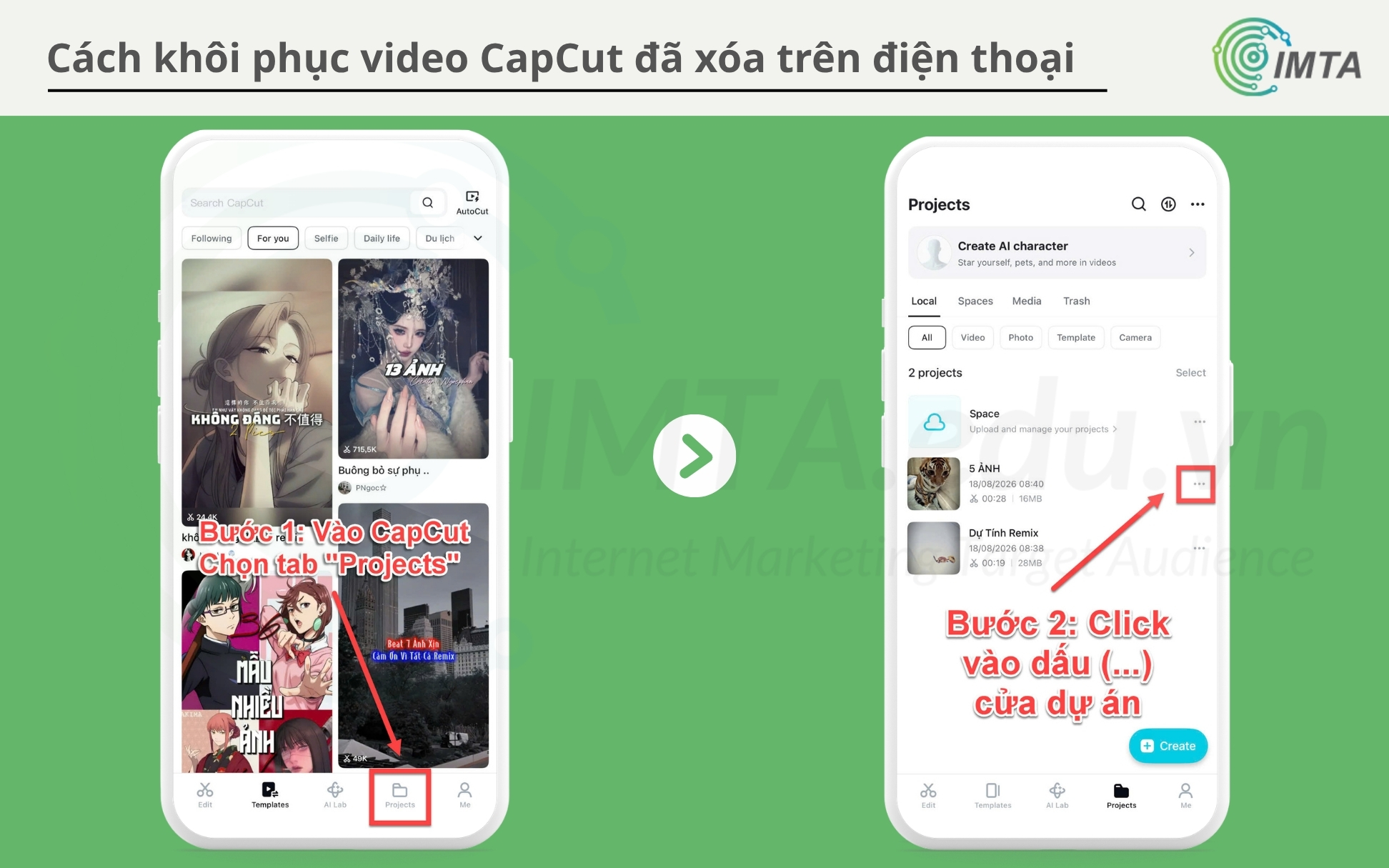 Vào CapCut mobile, chọ Projects, tìm dự án cần xóa