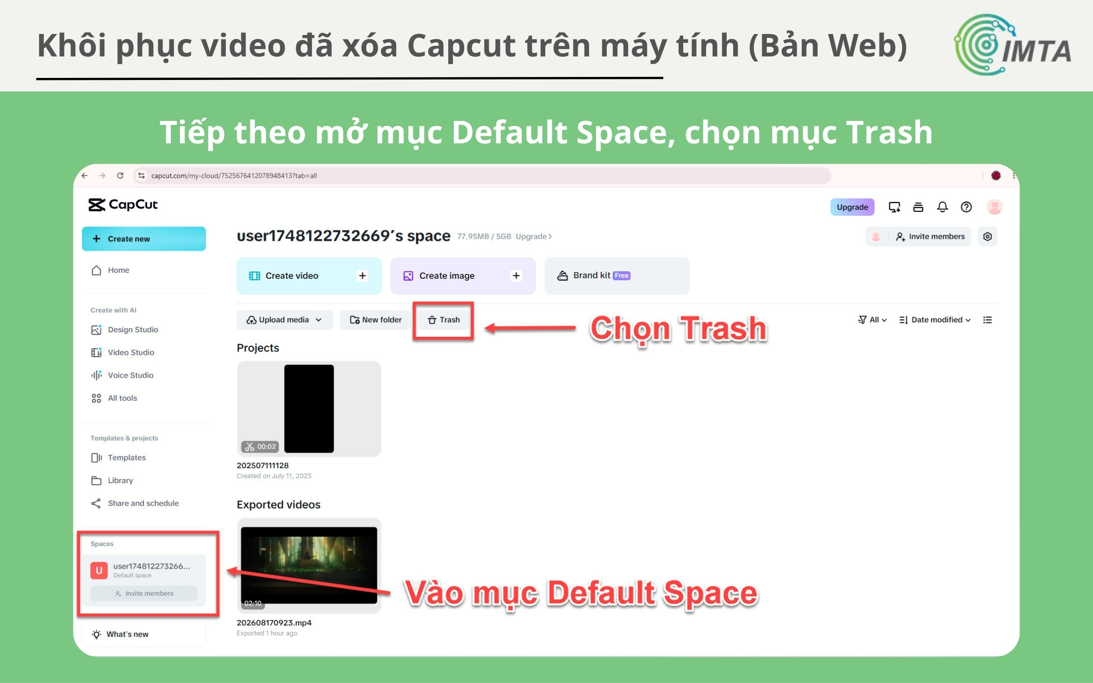 Vào Spaces, chọn Trash trên CapCut Web App