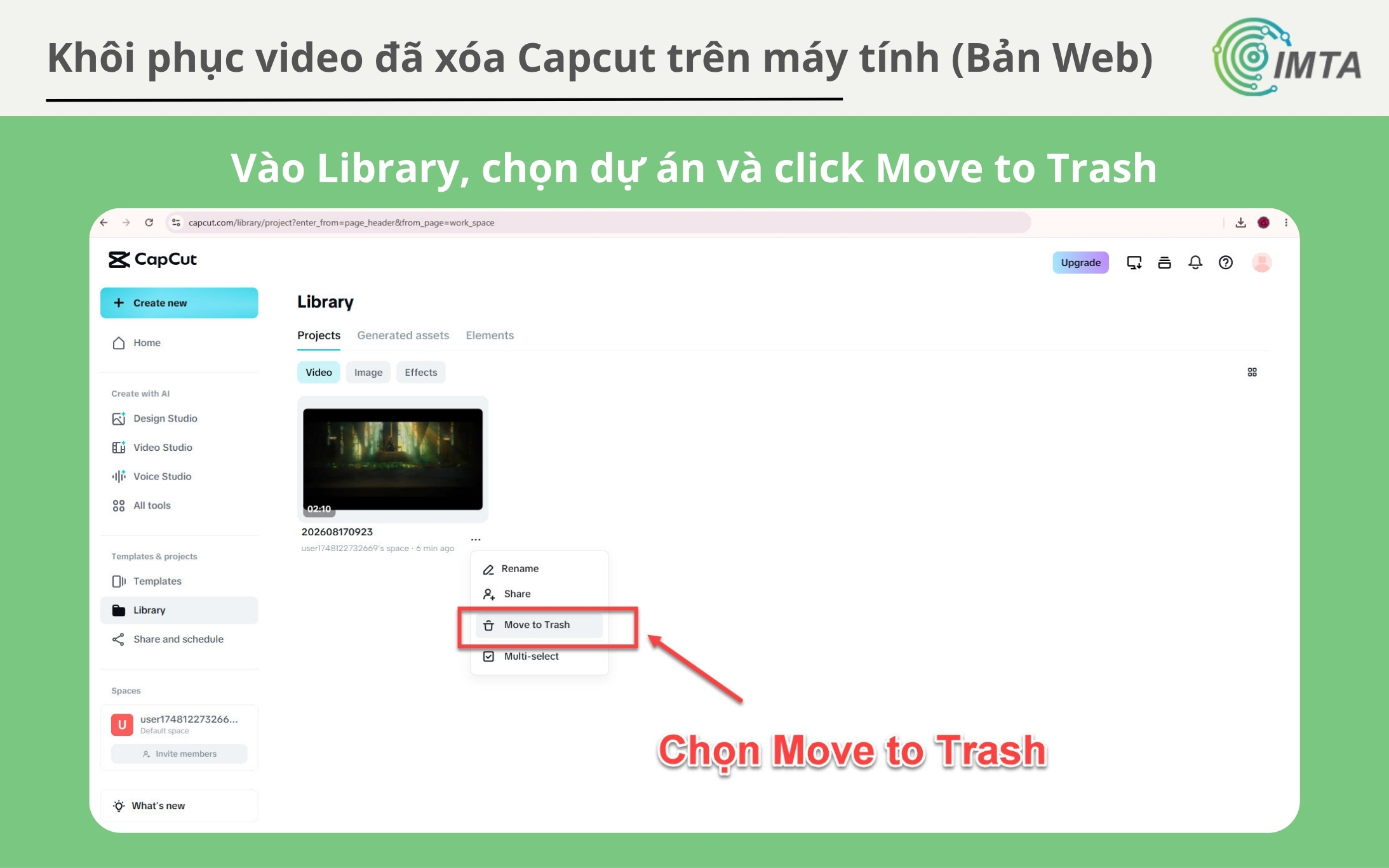 Chọn dự án trên Library cần xóa đưa vào Thùng rác