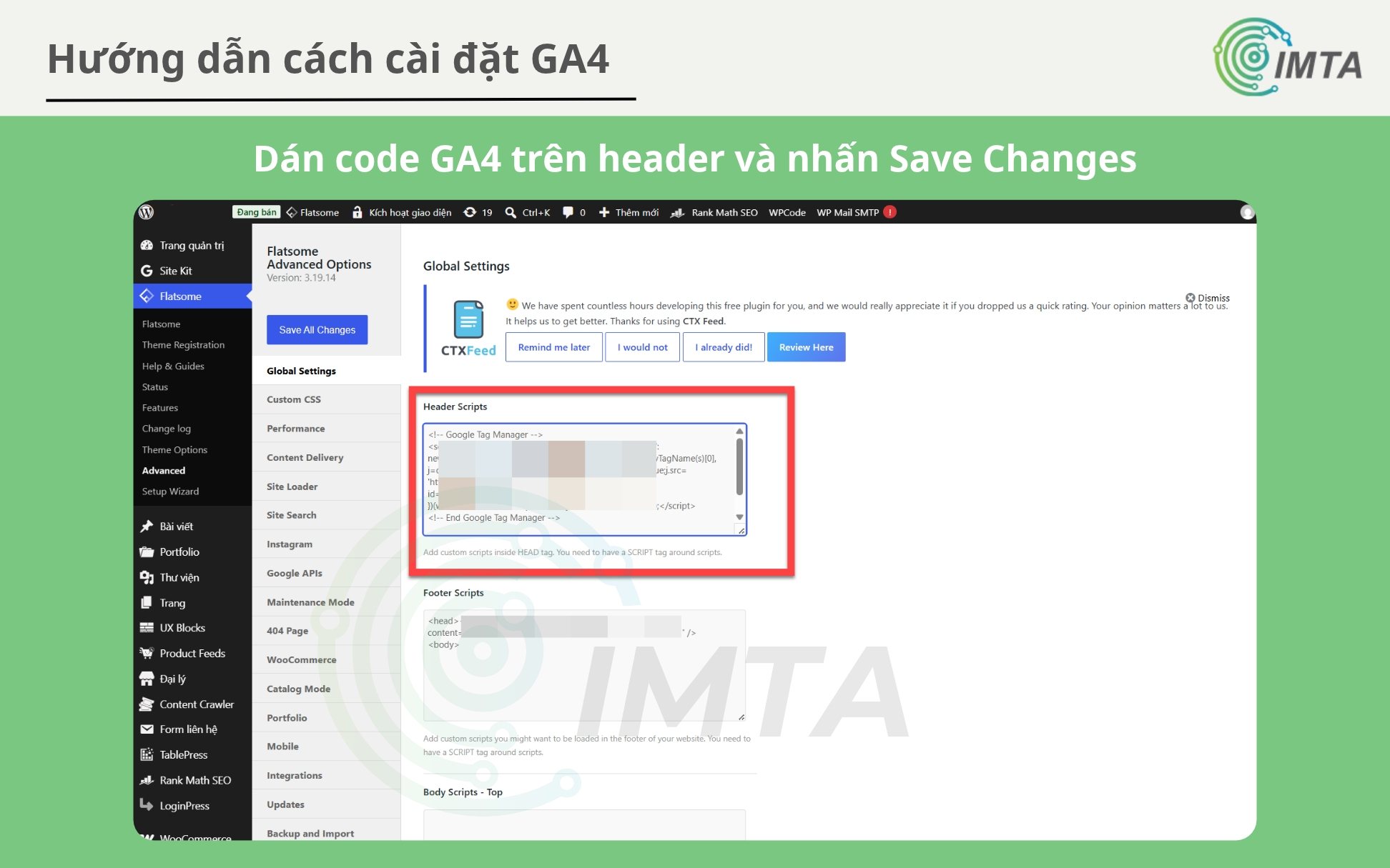 Dán code trên Header WordPress và nhấn Save Changes