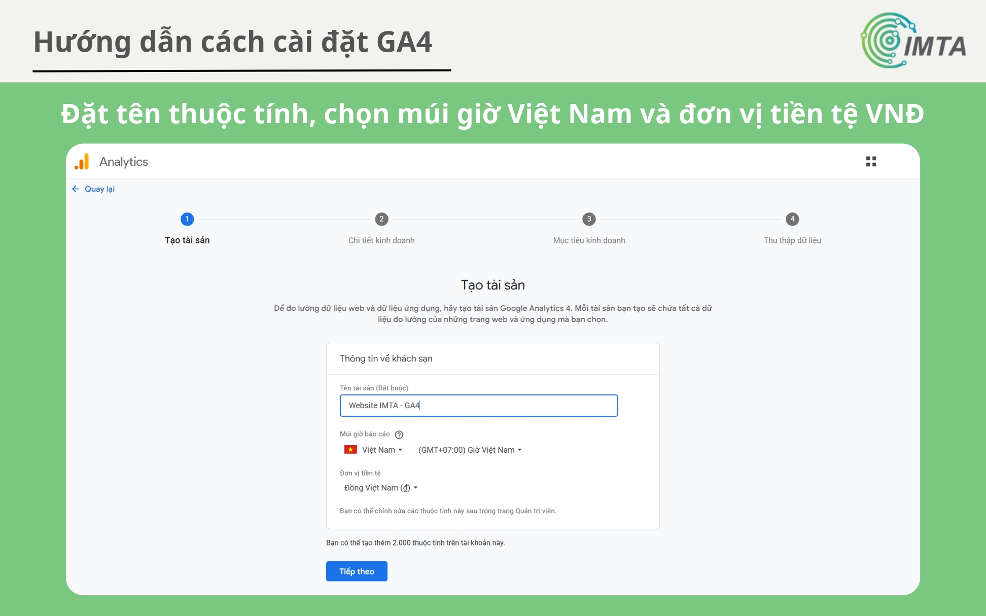Đặt tên thuộc tính, chọn múi giờ Việt Nam và đơn vị tiền tệ VNĐ