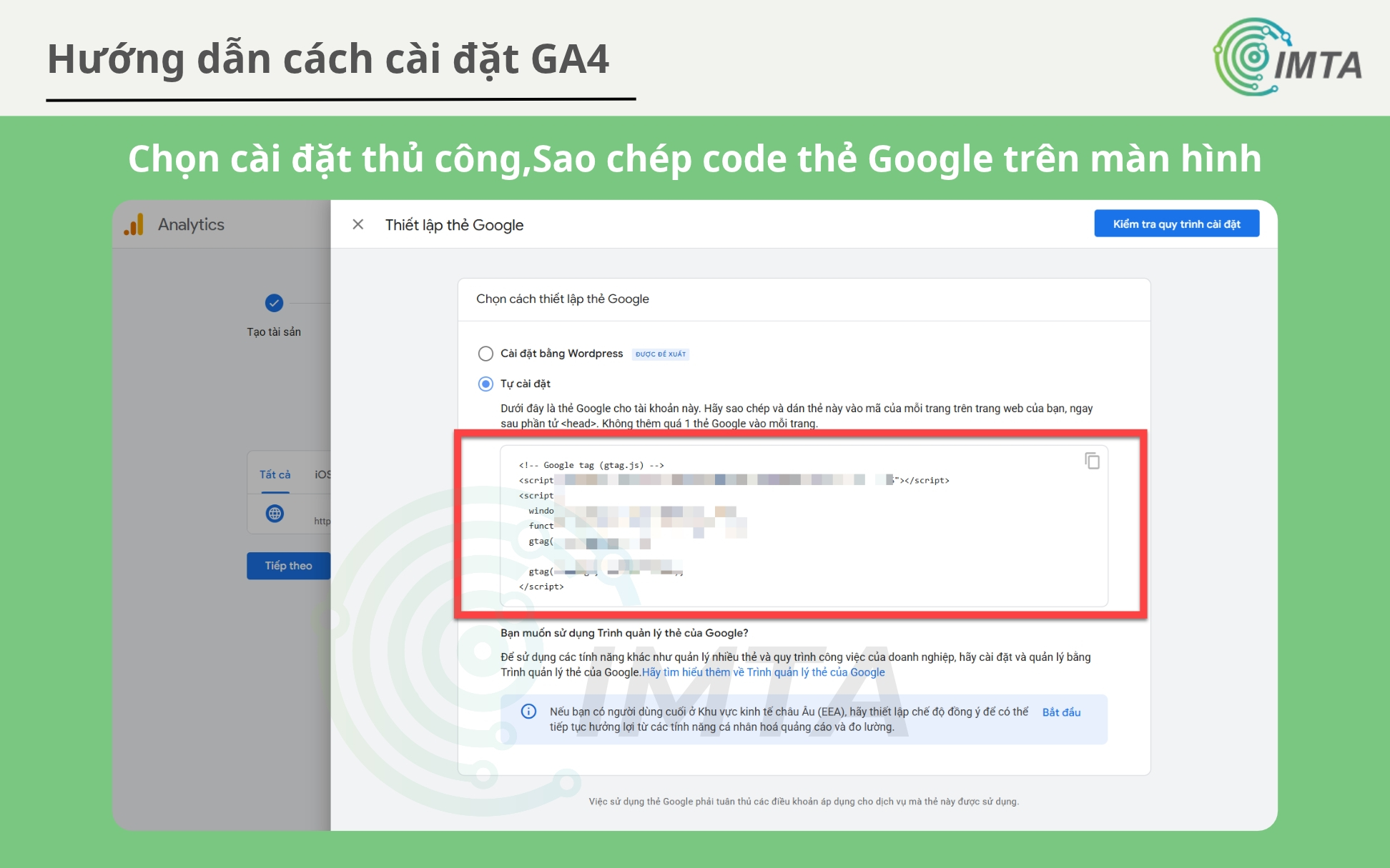 Chọn cài đặt thủ công,Sao chép code thẻ Google trên màn hình