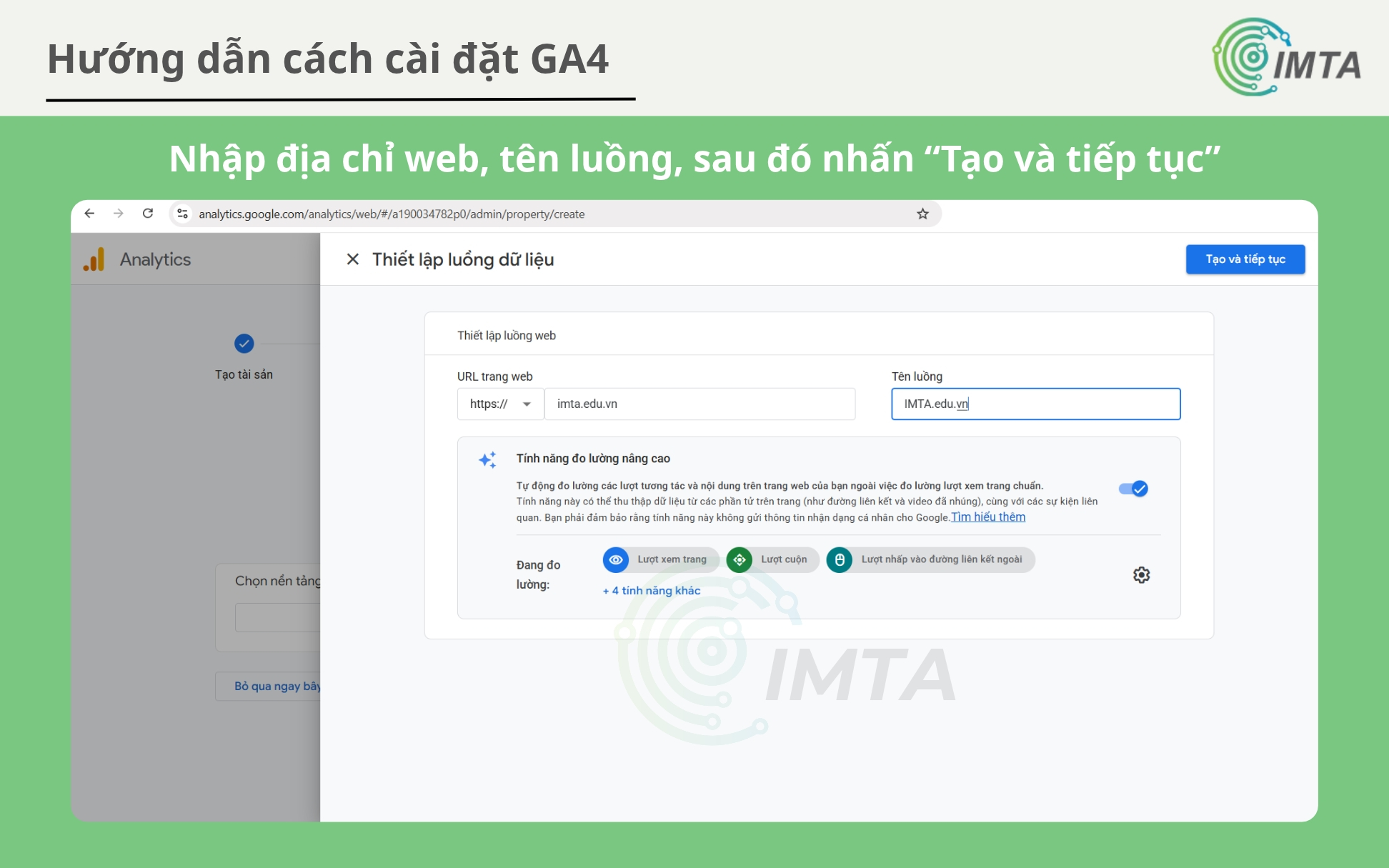 Nhập địa chỉ web, tên luồng, sau đó nhấn “Tạo và tiếp tục”