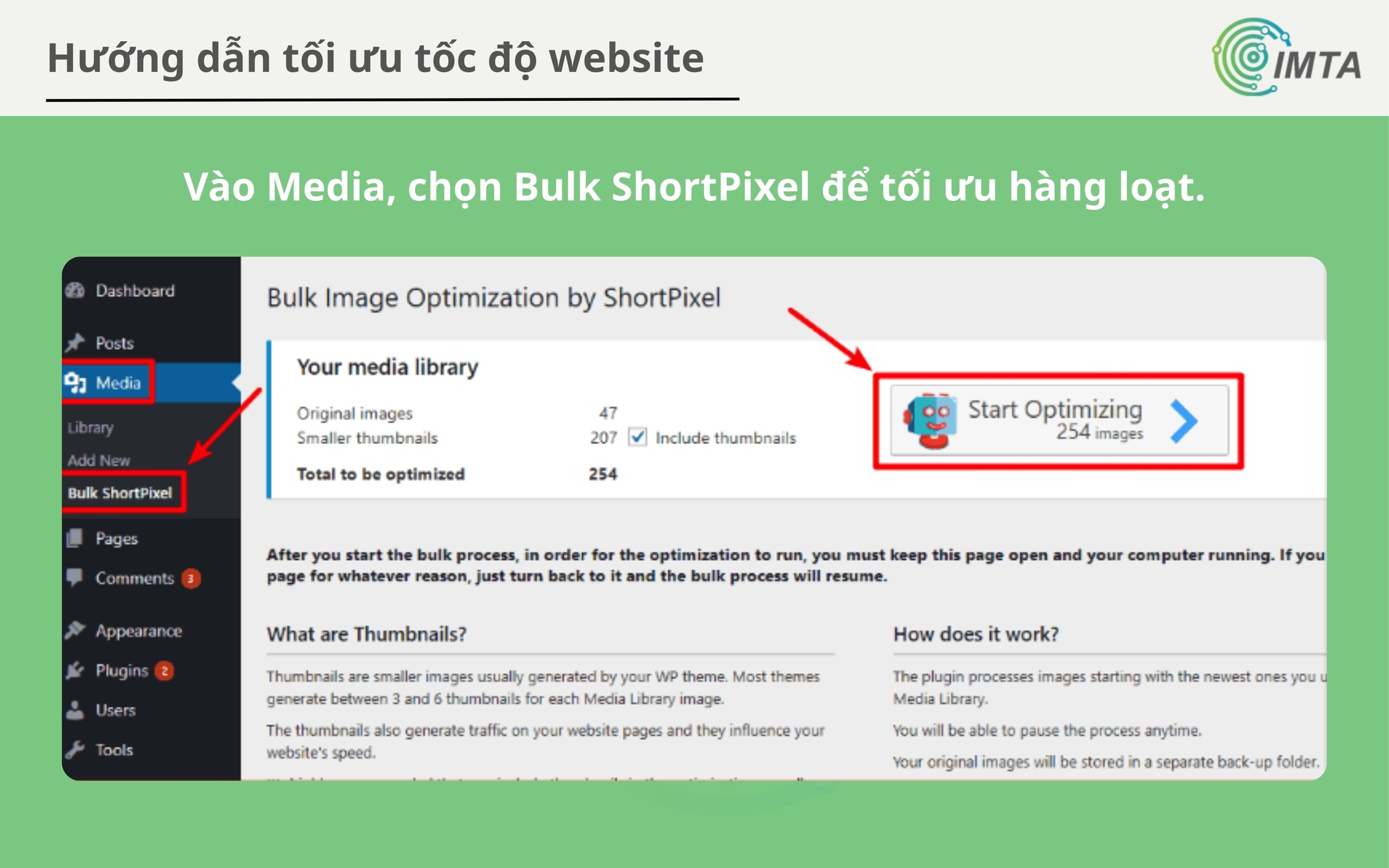 Vào Media, chọn Bulk ShortPixel để tối ưu hàng loạt.